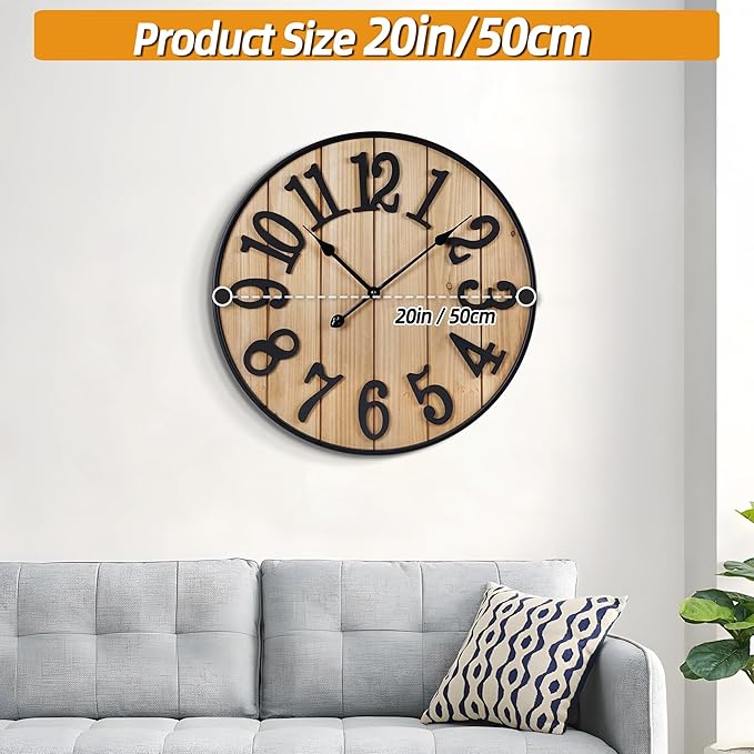 Large Wall Clock 20IN, Silent Metal Wood Style Wall Clocks Battery Operated for Living Room Decor, Farmhouse Big Wall Clock, Outdoor