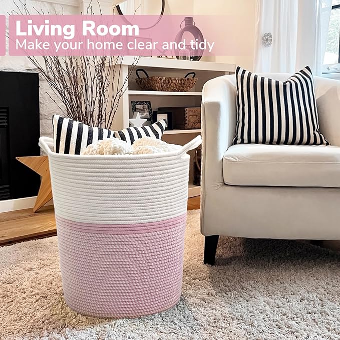 INDRESSME Cotton Basket 17¾ x 15¾ x 13¾ inches Woven Hamper Pink Girl Basket for Gift Toy Blanket Corner Baskets in living Room