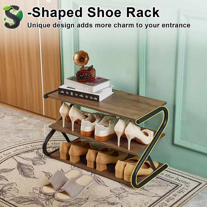 Shoe Rack, Z-Frame Wooden 3-Tier Shelf with Durable Metal Shelves, Shoe Organizer for High Heels, Hallway, Living Room, Closet, Bedroom (Light Rustic)
