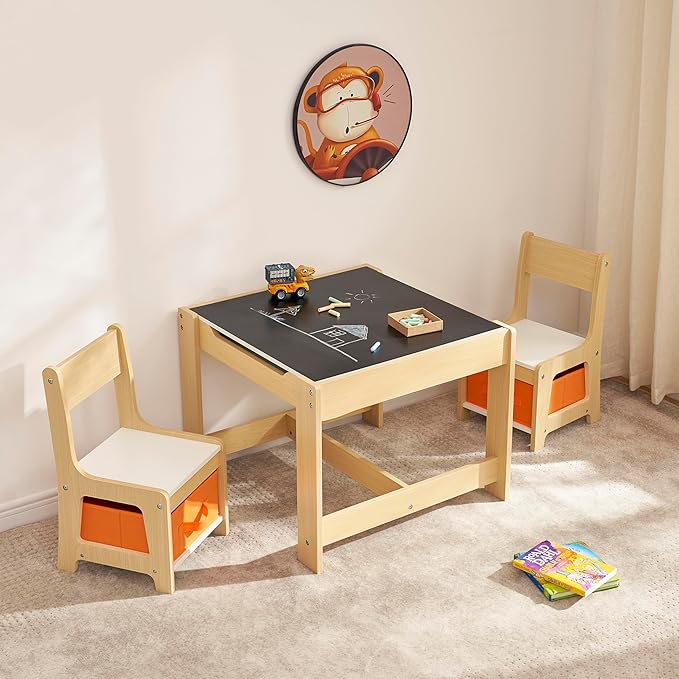 Kids Table and Chair Set, 3 in 1 Children Activity Table with Storage Drawer, 2 in 1 Tabletop Removable Blackboard for Crafts, Arts, Drawing, Reading, Toddler Table and Chair Set for Boys & Girls