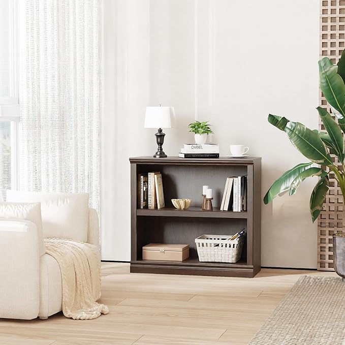 blini 2-Shelf Bookcase Wooden Bookshelves 33in Wide Floor Standing Display Storage Shelves Oak Bookcase for Home Office, Living Room, Bed Room