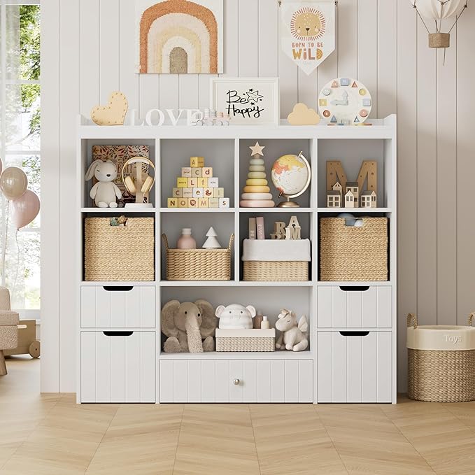 HORSTORS 48"W Kids Toy Storage Organizer, Large Toy Storage Chest with Removable Bins, 46"H Kids Bookshelf and Bookcase with Drawers for Boys and Girls, Modern Toy Box for Playroom, Classroom, White