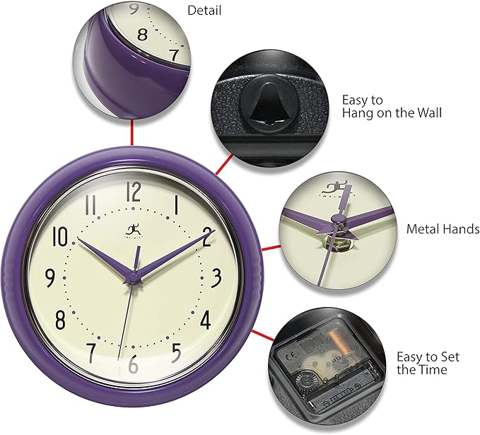 Infinity Instruments LTD. Retro 9 inch Silent Sweep Non-Ticking Mid Century Modern Kitchen Diner Wall Clock Quartz Movement Retro Wall Clock Decorative (Purple)…
