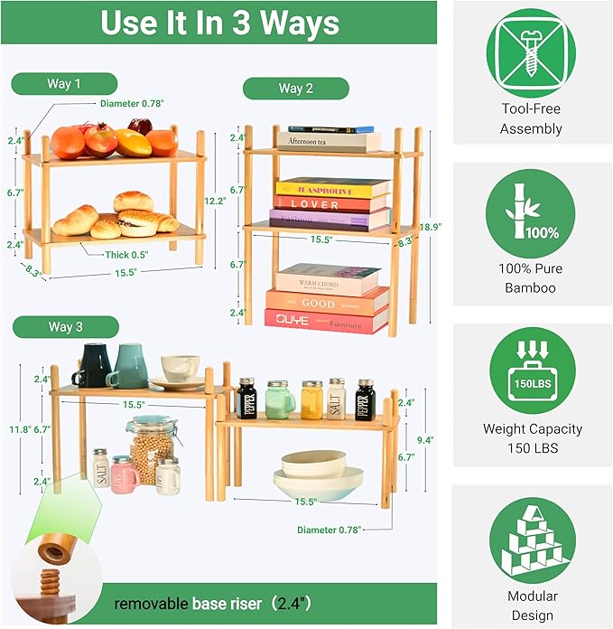 Bamboo Rack | Tool-Free Expandable (2-6 Tiers) | Kitchen Spice Organizer & Office Breakroom Snack/Cup Storage (Natural Bamboo)(Powered by Gogogo) (Natural, 15.6" W(4 Tier))