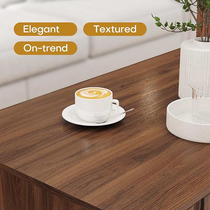 Mid Century Modern Coffee Table with Grooved Drawers & Open Storage, 47" MDF Walnut Wood Center Table with Black Solid Wood Legs, Retro Living Room Furniture