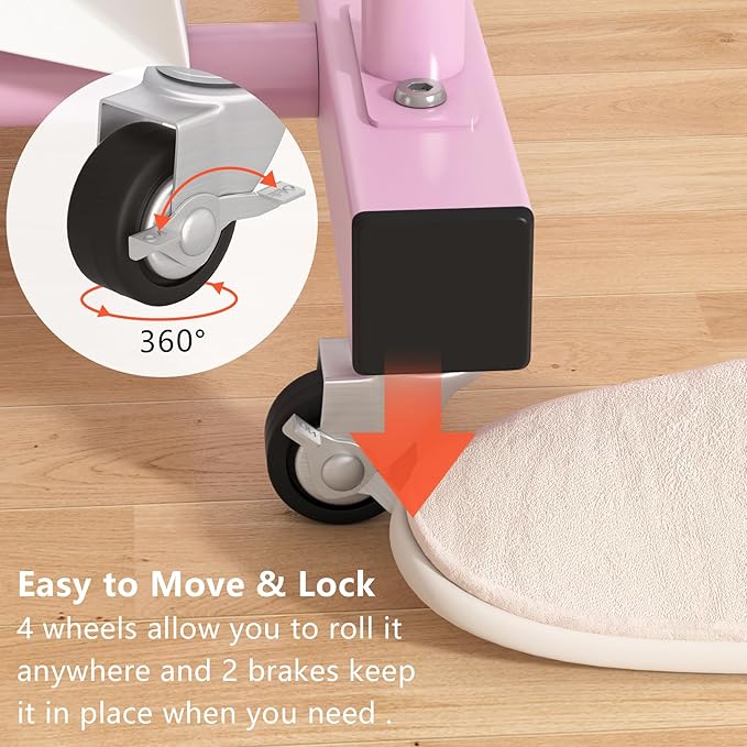 Laiensia Double Rods Garment Rack with Wheels, Clothing Rack for Hanging Clothes,4 Hooks, Multi-Functional Bedroom Clothes Rack, Pink