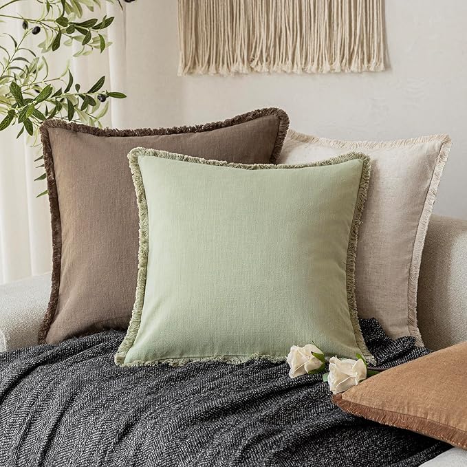 Foindtower Set of 2 Decorative Linen Fringe Lumbar Throw Pillow Covers Farmhouse Cushion Cover with Tassels Soft Accent Pillowcase for Couch Sofa Bed Living Room Home Decor,12×20 Inch,Light Sage Green