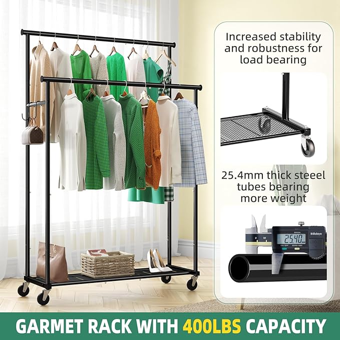 Double Rod Clothing Garment Rack on Wheels, 45 Inches Clothes Rack with Mesh Bottom Shelf for Hanging Clothes, Heavy Duty Metal Maximum Capacity 400 lbs, Black