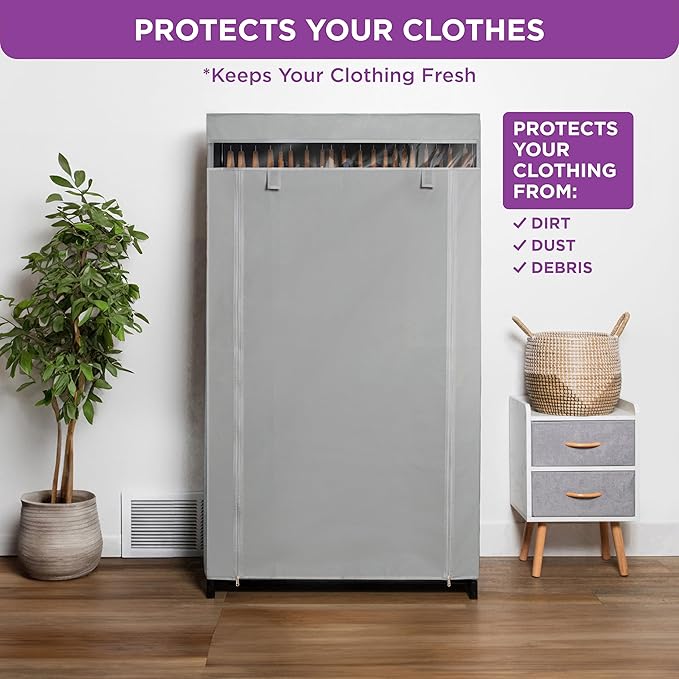 HOLDN’ STORAGE Portable Wardrobe Closet - 50 lb Capacity, Internal Heavy Duty Metal Rod, Zipper & Clear Window, Durable Clothes Organizer, Tool-Free Easy Assembly, Dark Gray Canvas Cover