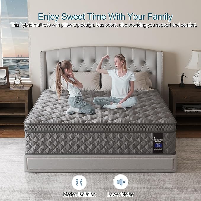 Full Mattress, 10 Inch Euro Top Mattress Grey Hybrid Medium Firm for Back & Lumbar Support, 100 Night Trial, Individual Pocket Spring for Motion Isolation & Pressure Relief