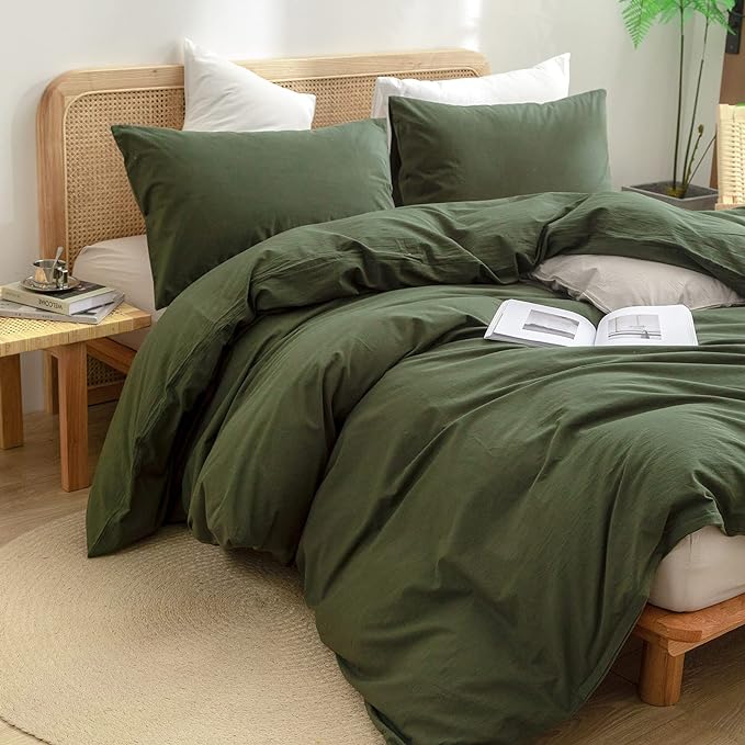 BESTOUCH Duvet Cover Set 100% Washed Cotton Linen Feel Super Soft Comfortable Chic Lightweight 3 PCs Home Bedding Set Solid Olive Green Super Queen