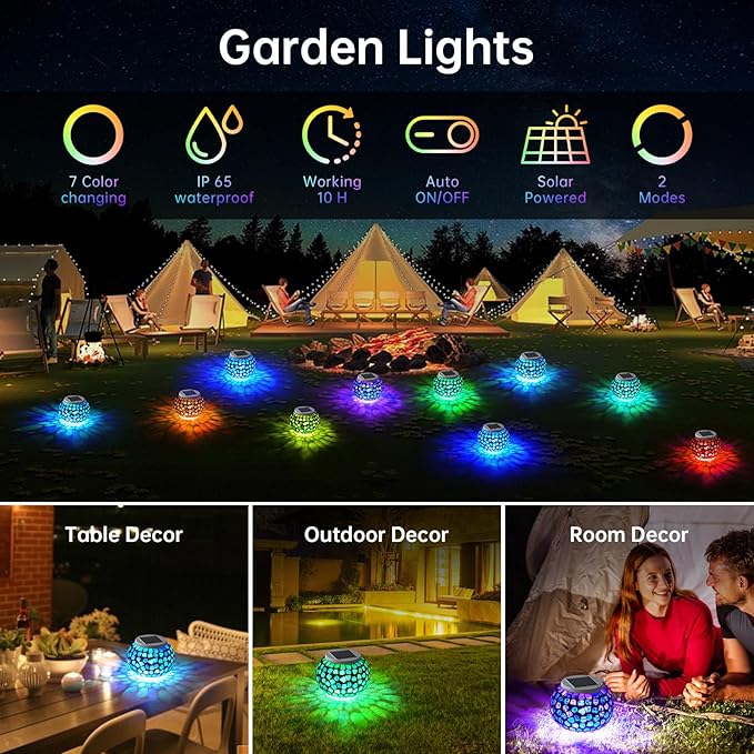 Color Changing Solar Powered Glass Mosaic Ball Led Garden Lights Rechargeable Outdoor Waterproof Solar Night Lights Table Lamps for Decorations Blue