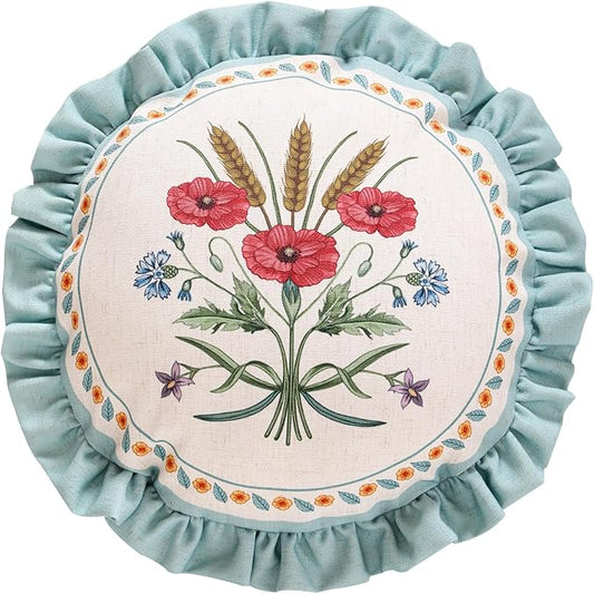 Design Linen Round Throw Pillow Covers Diameter 16", Fresh Farmhouse Cushion Covers with Red Watercolor Wildflower Pattern Decor Pillowcases for Bed,Living Room,Outdoor,Car