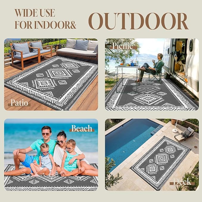 OMERAI Reversible Waterproof Outdoor Rug for Backyard,Plastic Textured Resistant Outdoors Rugs,Portable Washable Easy Cleaning Foldable Camping Beach Carpet for Patio Courtyard, 5'x8' Gray & White