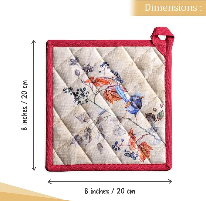 Maison d' Hermine Pot Holders Set 100% Cotton Heat Resistant Potholders 8" x 8" Hot Pads with Loop for Thanksgiving Christmas Decorations BBQ Baking Handling Hot Pans (Pack of 2, Equinoxe - Beige)