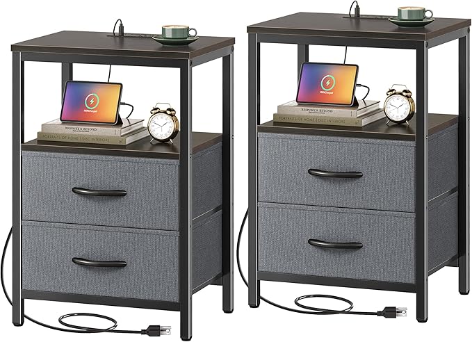Huuger Nightstands Set of 2, End Tables with Charging Station, Fabric Drawers, Bedside Tables with USB Ports and Outlets, Night Stands for Bedroom, Walnut, 8695NC