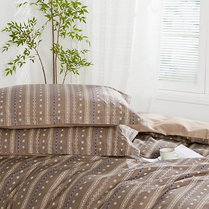SAPHREAS Brown Stripe Duvet Cover Set Twin Size 2pcs Floral Pattern Bedding Comforter Cover Set 100% Cotton 1 Duvet Cover 68"x90" 1 Pillow Sham, Comforter Not Included