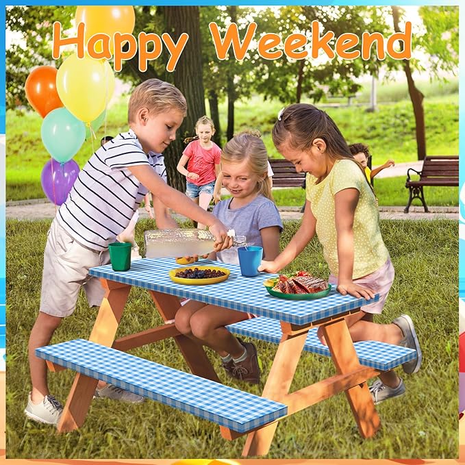 33" L x 20" W x 3" H Bule Grid Picnic Table Cover for Kids, Fitted Tablecloth for Outdoors Oxford Cloth Waterproof Cloth for Camping Home Goods Indoor Outdoor Patio BBQ