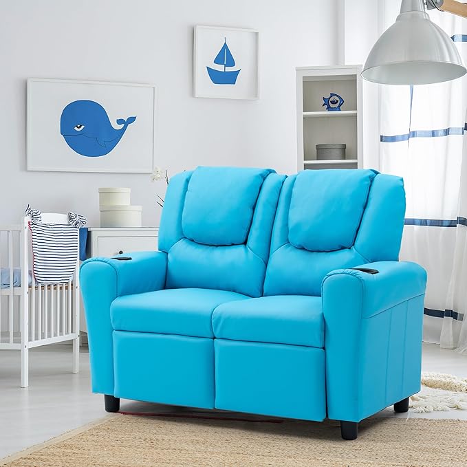 AVAWING Toddler Recliner, Double Children Couch with Cup Holder, PU Leather Kids Sofa, Kids Loveseat w/Adjustable Footrest & Headrest for Boys and Girls 3+ Age Group, Blue