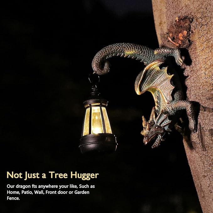 Solar Dragon Tree Hugger Statue Wall Decor - Gothic Garden Statue with Solar Lantern, Outdoor&Yard Decor, Fantasy Dragon Figurine for Trees, Walls, or Fences - Unique Gift for Adults, Men & Women