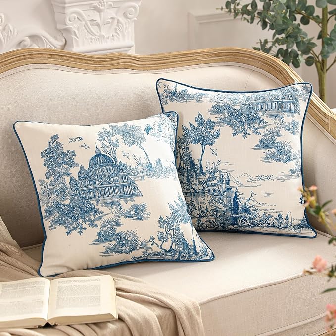 patdrea Designer Square Throw Pillow Covers Set of 2,Rustic Linen with Chinoiserie Blue Scenery Pattern Pillows Cover,Decorative Pillowcases Cushion for Bed Living Room Outdoor Car,18 x18 Inches