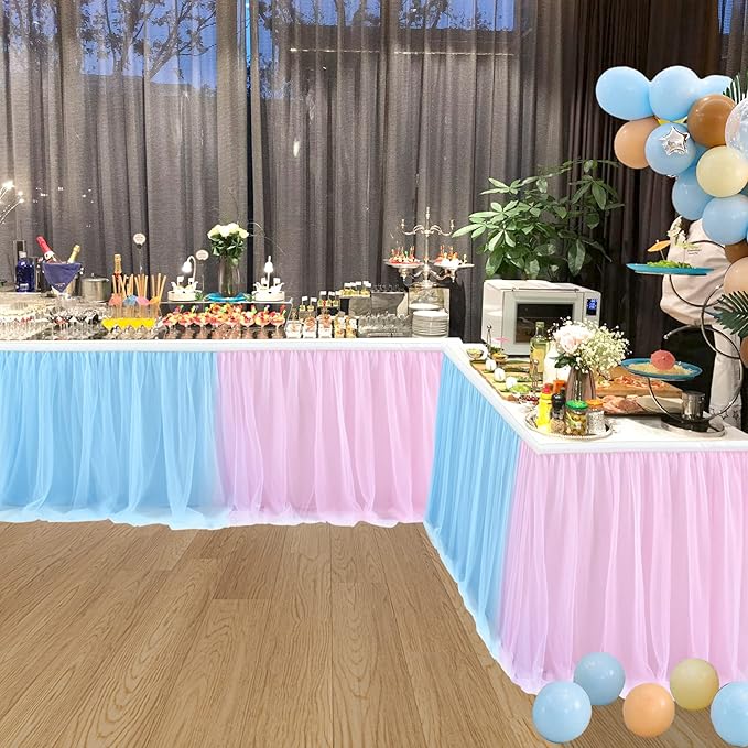 2 Pack 6ft Pink and Blue Tulle Table Skirt for Gender Reveal Tutu Table Clothes Cover for Baby Shower Boy or Girl Birthday Party Table Decorations, Gender Reveal Party Supplies