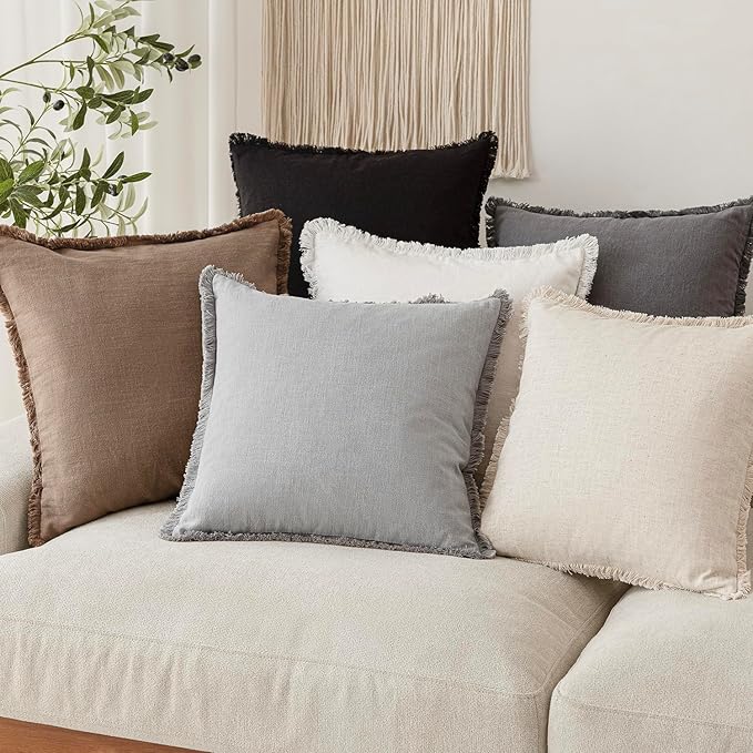 Foindtower Set of 2 Decorative Linen Fringe Throw Pillow Covers Cozy Boho Farmhouse Cushion Cover with Tassels Accent Pillowcase for Couch Sofa Bed Living Room Home Decor,26×26 Inch,Light Rustic Gray