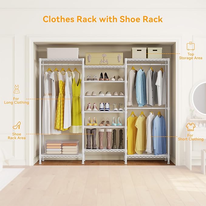 H12 Heavy Duty Clothes Rack with Adjustable 5-Tier Shoe Rack, Metal Clothing Racks for Hanging Clothes, Freestanding Shoe Organizer Large Garment Racks, 15.7" D x 68.7" W x 76.4" H, White
