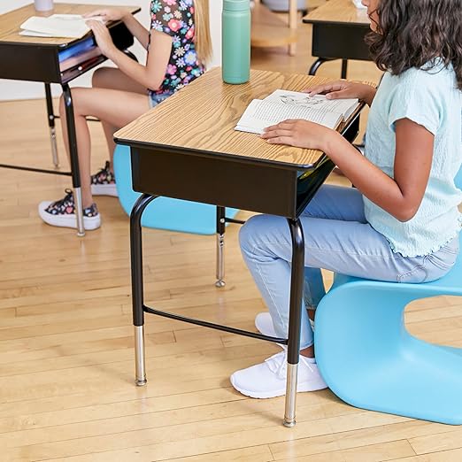 ECR4Kids Open Front Desk with Metal Storage Book Box, Adjustable, Classroom Furniture, Oak