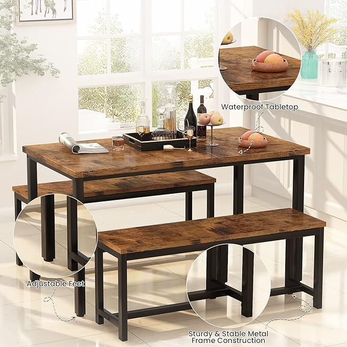 AWQM Dining Room Table Set, Kitchen Table Set with 2 Benches, Ideal for Home, Kitchen and Dining Room, Breakfast Table of 47.2x28.7x28.7 inches, Benches of 40.5x11.0x17.7 inches, Rustic Brown