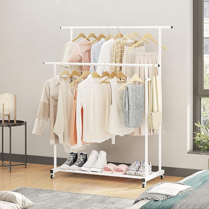 Calmootey Double Rod Clothing Garment Rack,Rolling Hanging Clothes Rack,Portable Clothes Organizer for Bedroom,Living Room,Clothing Store,White