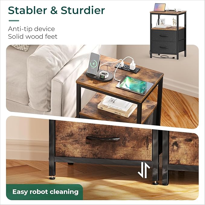 Huuger Nightstands Set of 2, End Tables with Charging Station, Fabric Drawers, Bedside Tables with USB Ports and Outlets, Night Stands for Bedroom, Rustic Brown