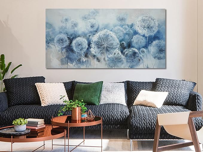 Arjun Flower Wall Art Indigo Blue Dandelion Floral Canvas Painting Watercolor White Textured Modern Artwork Large Framed for Living Room Bedroom Dinning Room Bathroom Home Office Wall Decor, 40"x20"