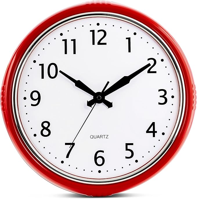 Bernhard Products Retro Wall Clock 12 Inch Red Kitchen 50's Vintage Design Round Silent Non Ticking Battery Operated Quality Quartz Clock for Home Office School or Classroom