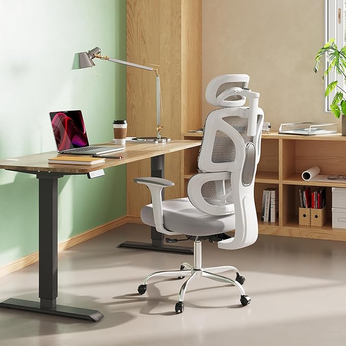 DEVAISE Office Chair Big and Tall Reclining Ergonomic Desk Chair for Long Hours, Comfy Breathable Mesh, Adjustable Armrests with Lumbar Support, White