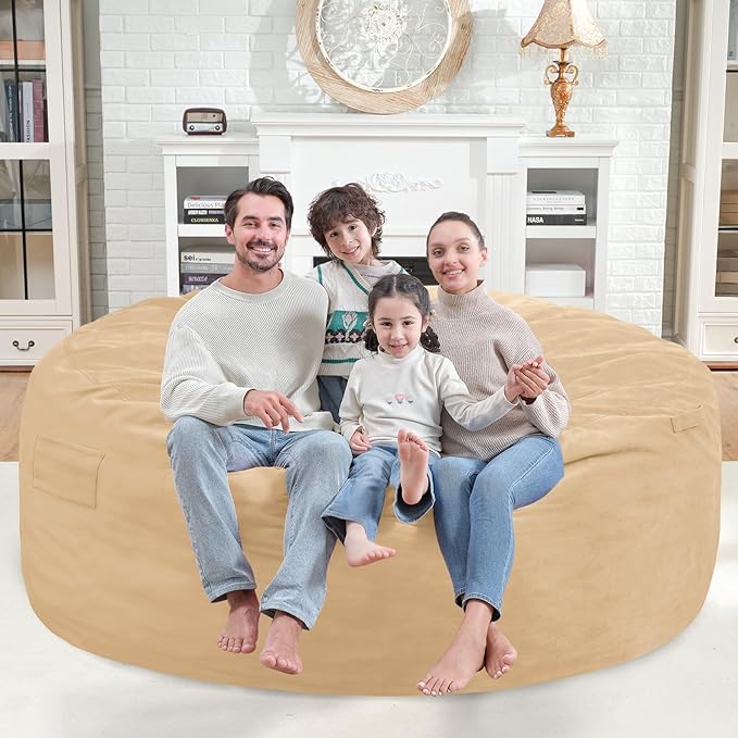 6FT Bean Bag Chair, Large Bean Bag Chairs with Memory Foam Filled, Fluffy Beanbag Sofa with Dutch Velvet Cover, Round BeanBag Chairs for Living Room, Playroom - Khaki