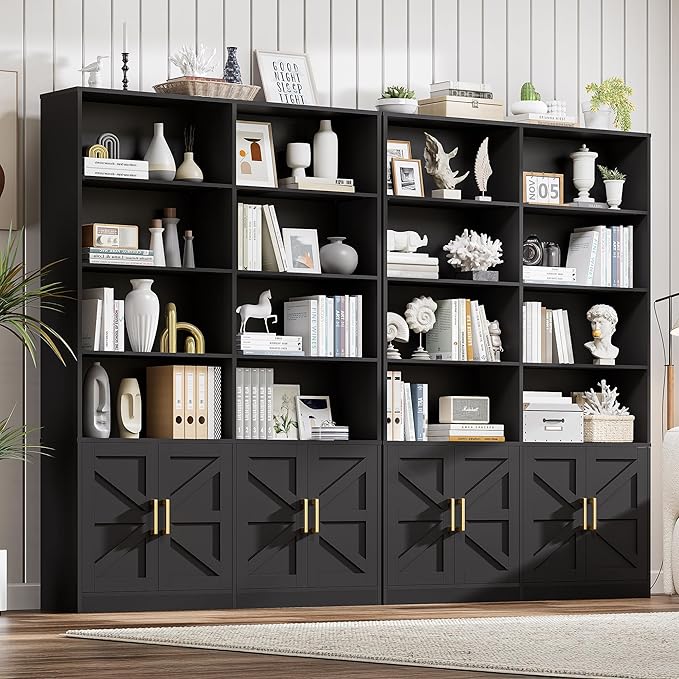 Black 6 Tier Bookshelf with Storage Set of 2, 71” Tall Farmhouse Bookcase with 8 Doors and Adjustable Shelves, Wooden Floor Standing Display Book Shelf Organizer for Home Office