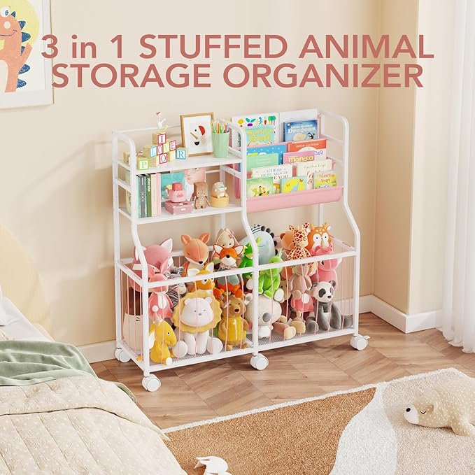 BBLIKE Stuffed Animal Storage Organizer - Rolling Kids Bookshelf and Toy Storage with 3 Tiered Book Display and Toy Chest - Rolling Furniture for Kids Room, Playroom, Bedroom, Nursery, Pink