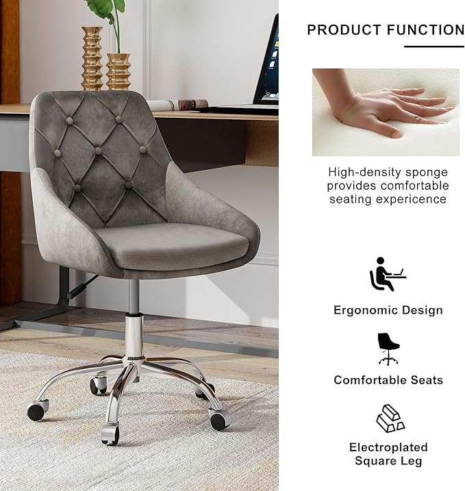 Furnimart 360° Swivel Rolling Desk Chair, Height Adjustable Vanity Chair with Silver Legs, Cute Task Chair with Wheels for Dorm Bedroom Studying Small Places (Velvet Gray)
