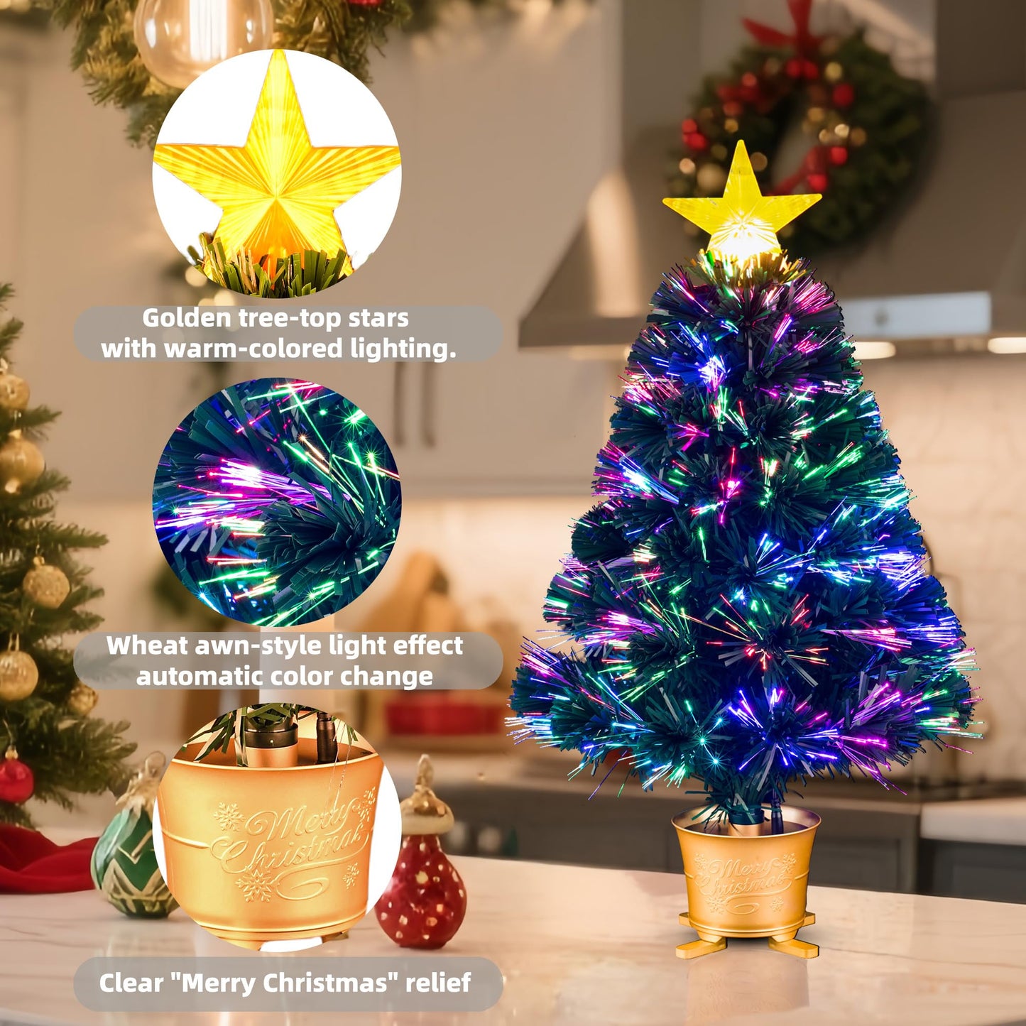 YUETJIN 24inch Pre-lit Mini Fiber Optic Tabletop Artificial Christmas Tree，Small Xmas Tree with Stars Decorations-Gold