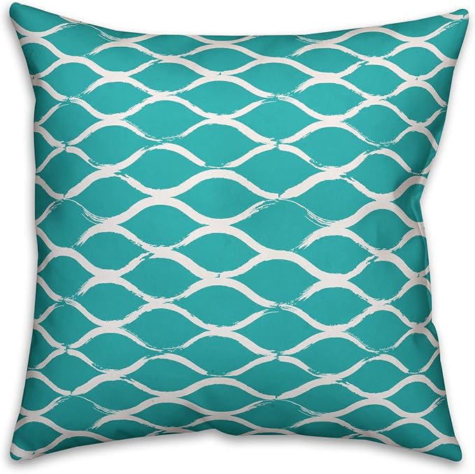 Teal and White Netting Pattern Indoor/Outdoor Pillow | Decorative Pillows for Living Room Couch Bed Sofa Patio, Fluffy Soft Cushion | Water Resistant Teal, 18x18
