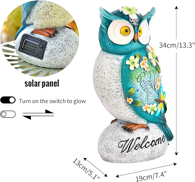 Sungmor Garden Solar Light Landscape Path Lights Lifelike Owl Figurine with LED Lights Waterproof Resin Animal Outdoor Statue Solar Powered Lamp for Outside Patio Yard Lawn Nocturnal Decor