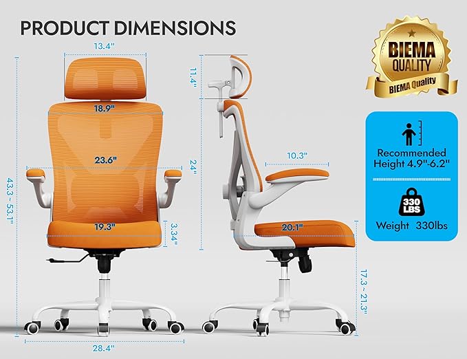 Ergonomic Office Chair - X-Shaped Computer Desk Chair Comfy, Gaming Chair, Office Chair with Lumbar Support, Mesh Office Chairs with Headrests, Desk Chair for Long Hours(White-Orange)