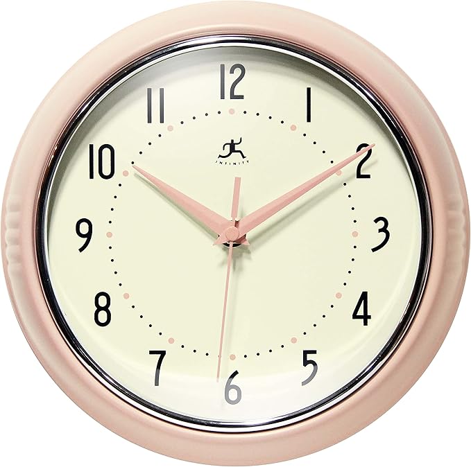 Infinity Instruments LTD. Retro 9 inch Silent Sweep Non-Ticking Mid Century Modern Kitchen Diner Wall Clock Quartz Movement Retro Wall Clock Decorative (Rose Blush)…