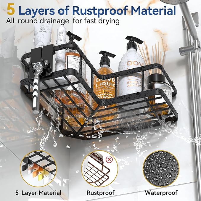 YASONIC Corner Shower Caddy Organizer, 5-Pack Adhesive Rustproof Stainless Steel Shower Shelves with Soap Holder, No Drilling Shower Storage Rack for Family Renters Bathroom, Black