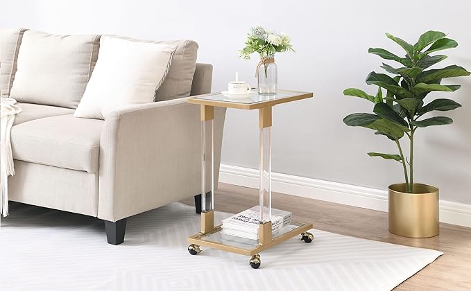 Goujxcy Clear Sofa Side Table C Shaped End Table with Wheels, Rolling Acrylic Bedside Laptop Snack Table TV Tray, Mobile Breakfast Tray Table with Tempered Glass Shelves and Clear Acrylic Frame