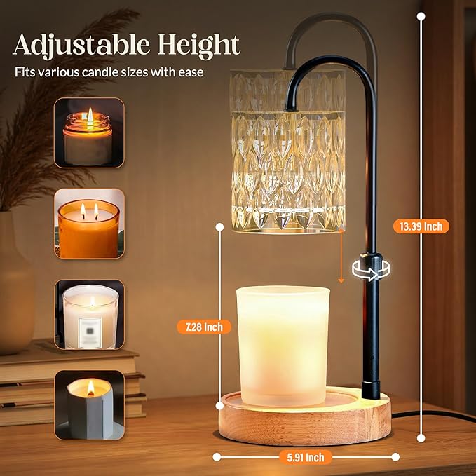 River's Edge Essentials Candle Warmer Lamp with Timer, Adjustable Height Dimmable, Wax Melt Warmer for Jar Candles, Birthday & Housewarming Gift, Fall Decor Includes 2 Bulbs, Black
