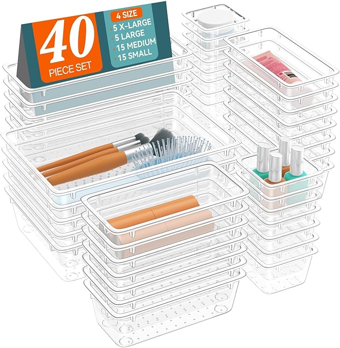 WOWBOX 40 PCS Clear Plastic Drawer Organizer Set, 4 Sizes Desk Drawer Organization and Storage Containers for Makeup, Cosmetics, Jewelry and Gadgets in Kitchen, Bathroom, Bedroom, Office, Clear