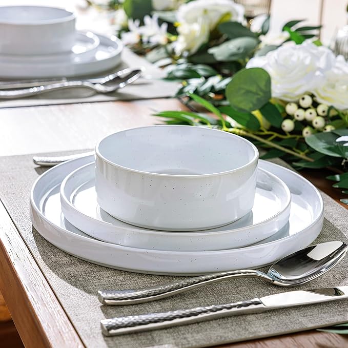 Dinnerware Set for 8, GBhome 24 Piece Speckled Plates and Bowls Set with Glazed Bottom, Chip and Scratch Resistant Stoneware Plates Sets, Dishwasher & Microwave Safe Dishes, White