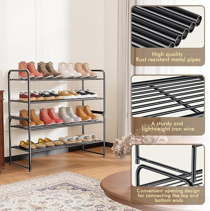 SUFAUY 2-Tier 33" Wide Shoe Rack, Closet Metal Shoe Rack Organizer Heavy Duty, Stackable, Black